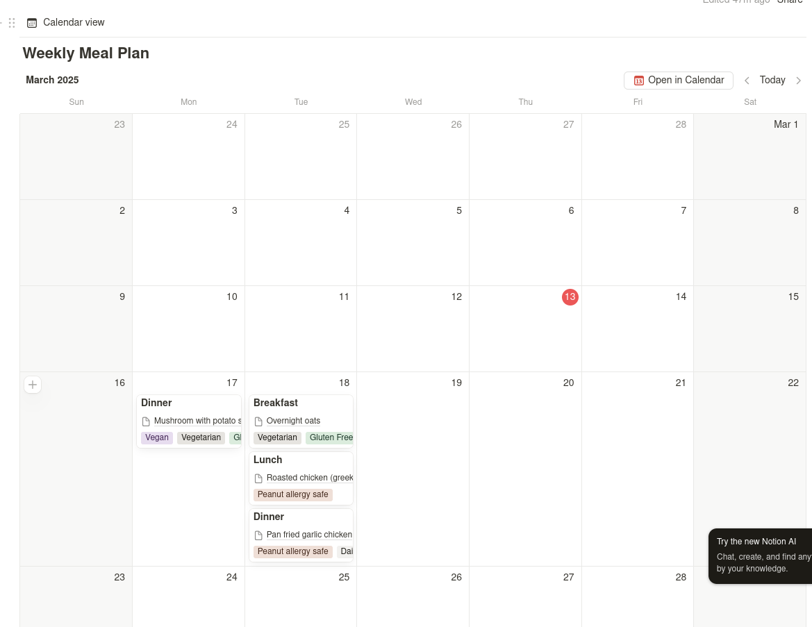 Meal Plan Notion Calendar